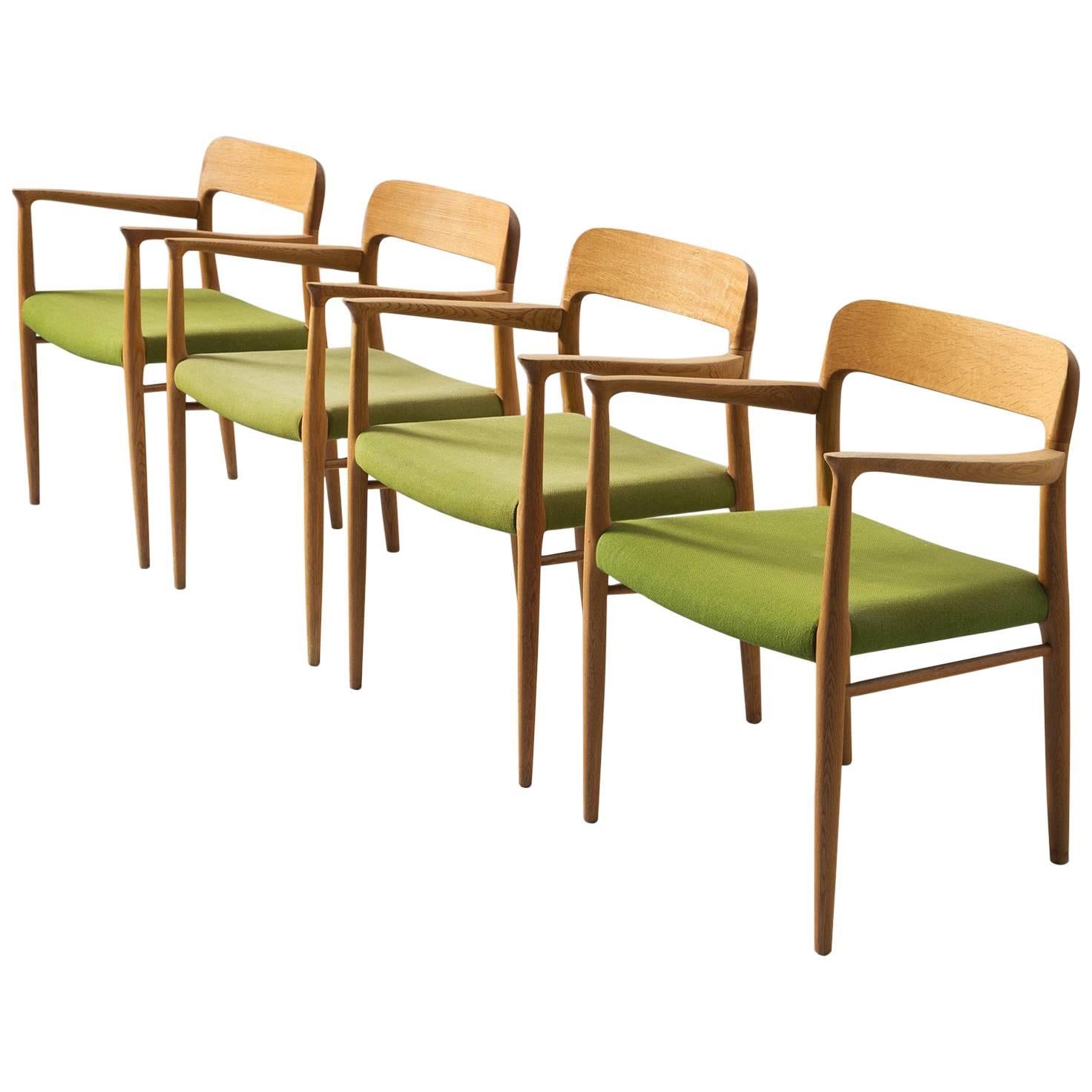 Niels O. Moller Set of Two Dining Chairs in Oak and Green Fabric Upholstery