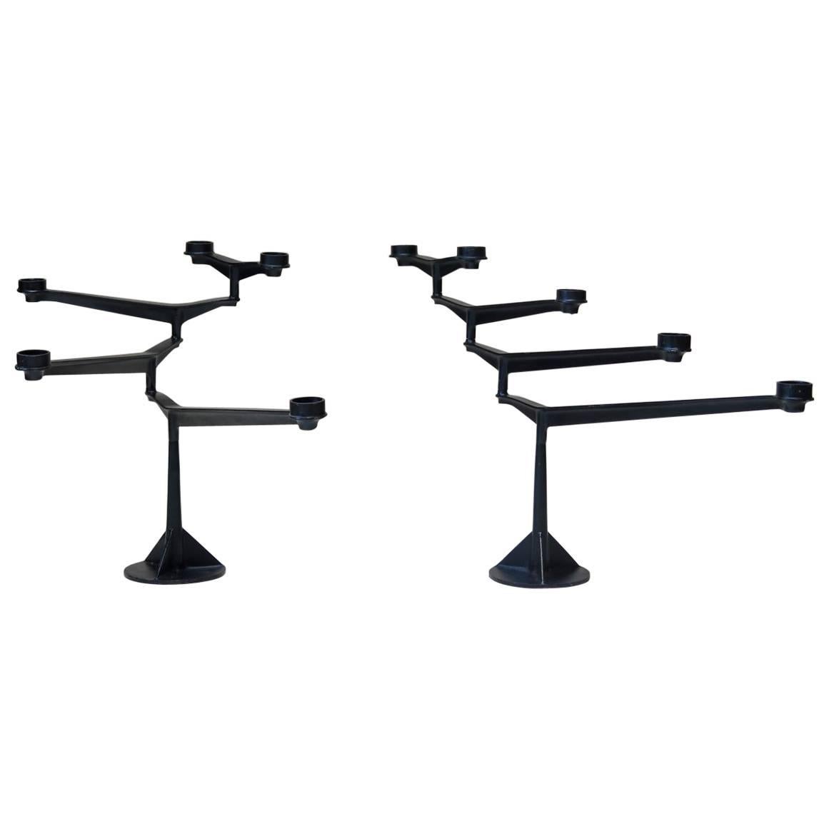 Large Pair of Mid-Century Pivoting Cast Iron Candleholders For Sale