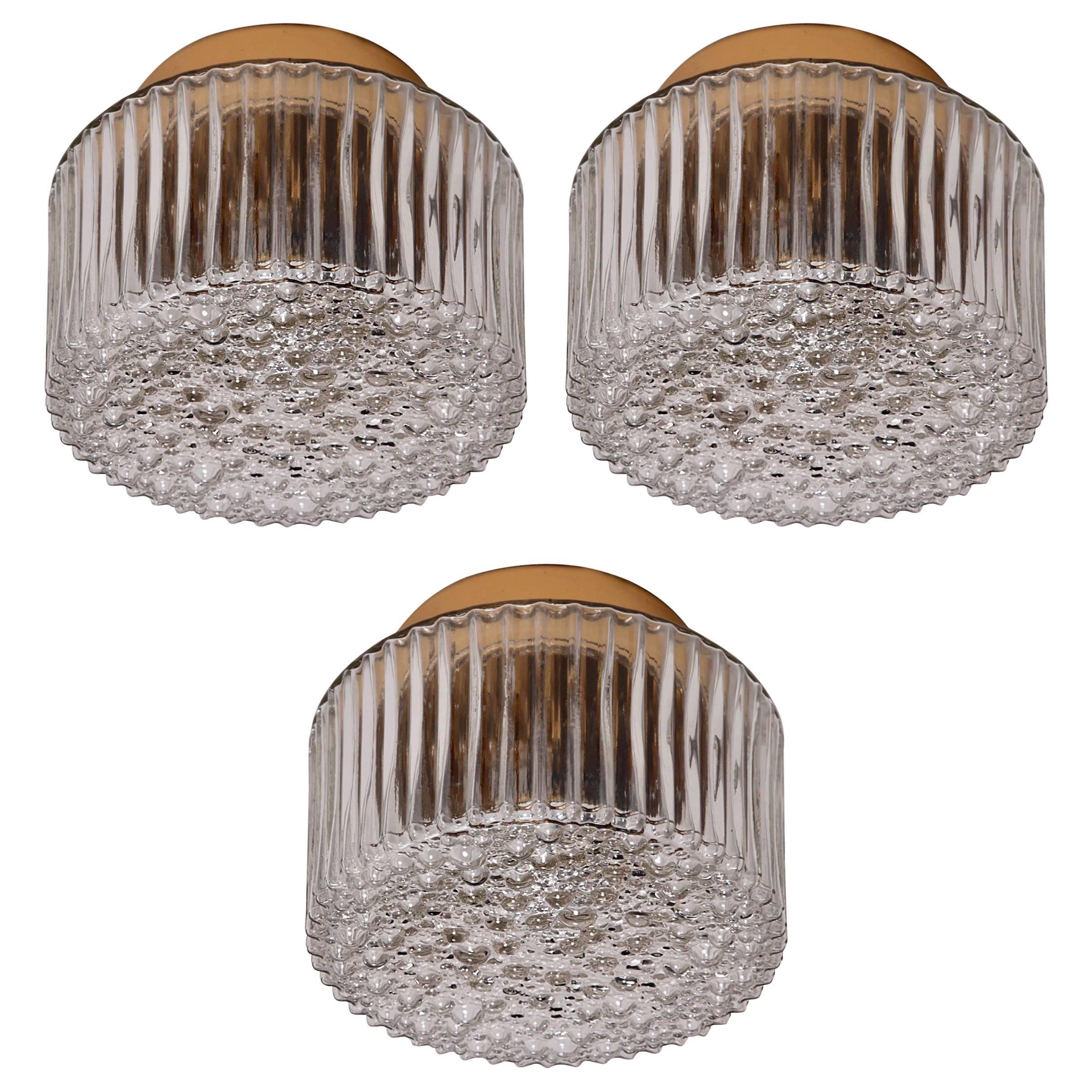 Three Bubble Glass Flush Mounts or Sconces Attributed to GlashüTte Limburg