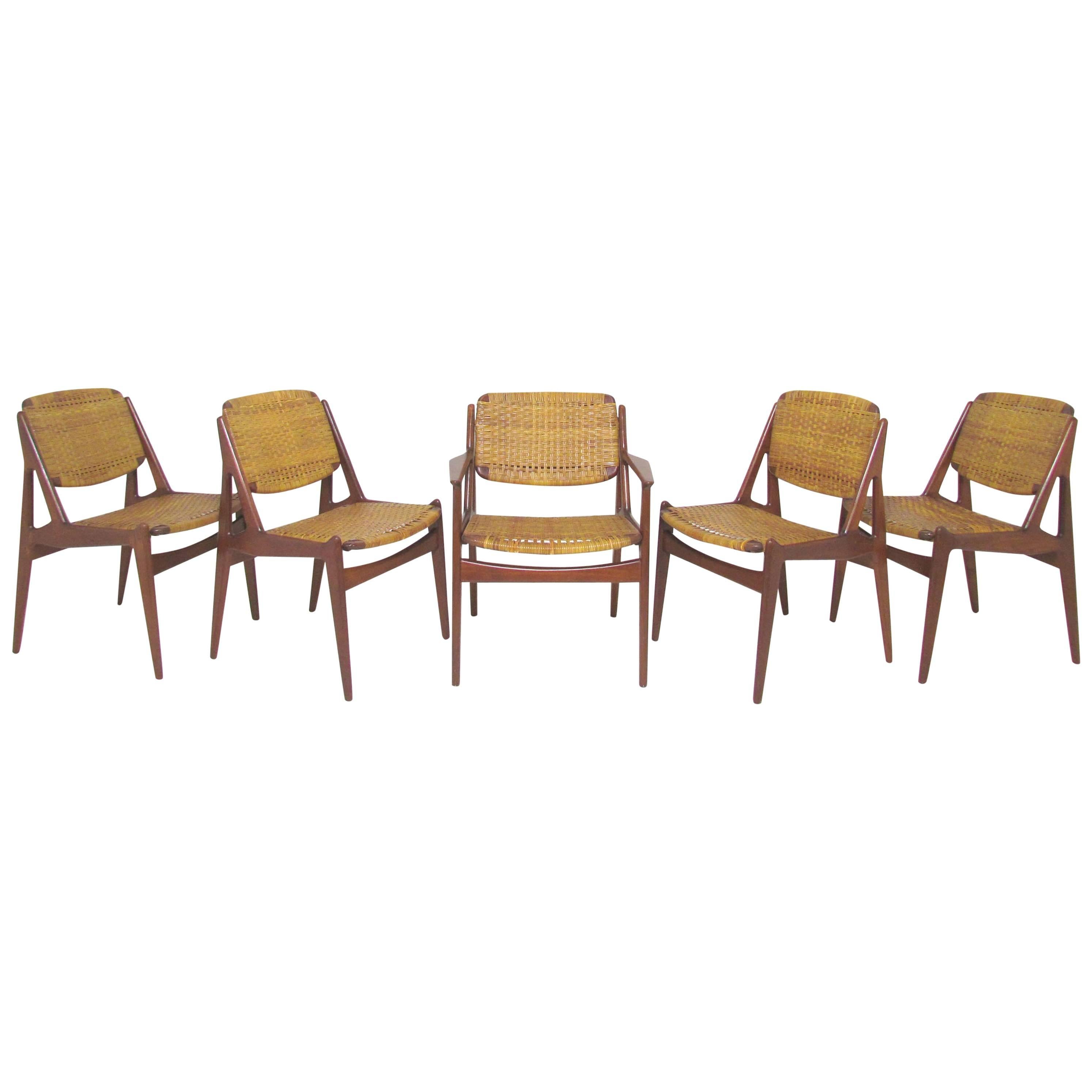 Set of Five Danish Teak and Cane Dining Chairs by Arne Vodder for Vamo