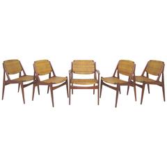 Set of Five Danish Teak and Cane Dining Chairs by Arne Vodder for Vamo