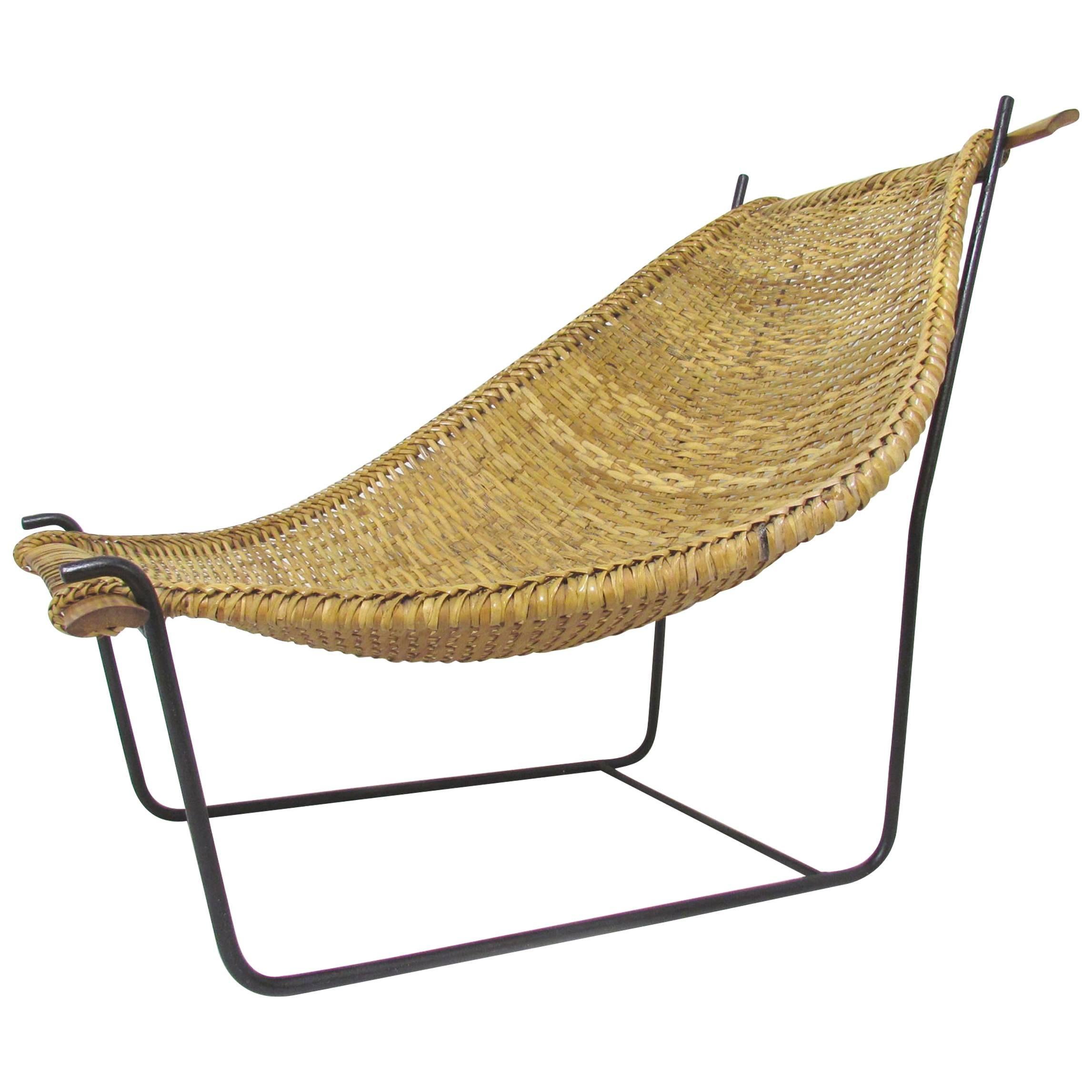 Rattan and Wrought Iron Sling Lounge Chair in Manner of John Risley, circa 1950s