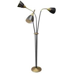 Three Armed Black Floor Lamp in Brass of Unknown Danish Design, 1930s-1940s