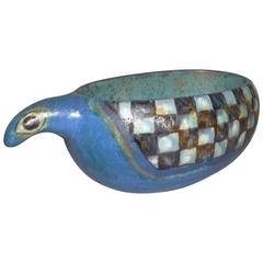 Large Antique BLUE BIRD BOWL- hand thrown,one of a kind Eva Fritz Lindner 1970 1
