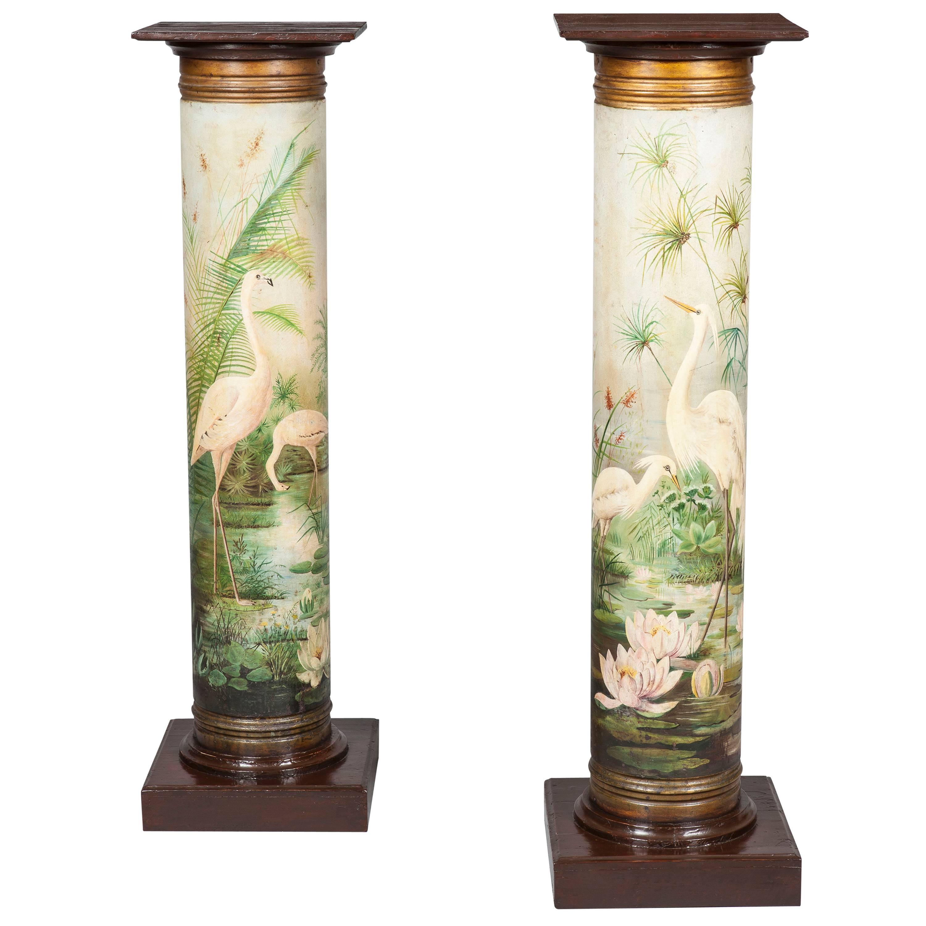 Pair of French 19th Century Painted Pedestals with Lakeland Landscape Scene
