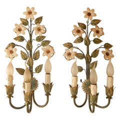 1950 Tole Three-Light Murano Flowers Sconces