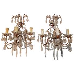 1910 French Baroque Three-Light Crystal Sconces