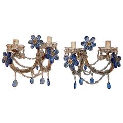 1930 French Maison Bagues Style Blue Flower Murano Glass Sconces