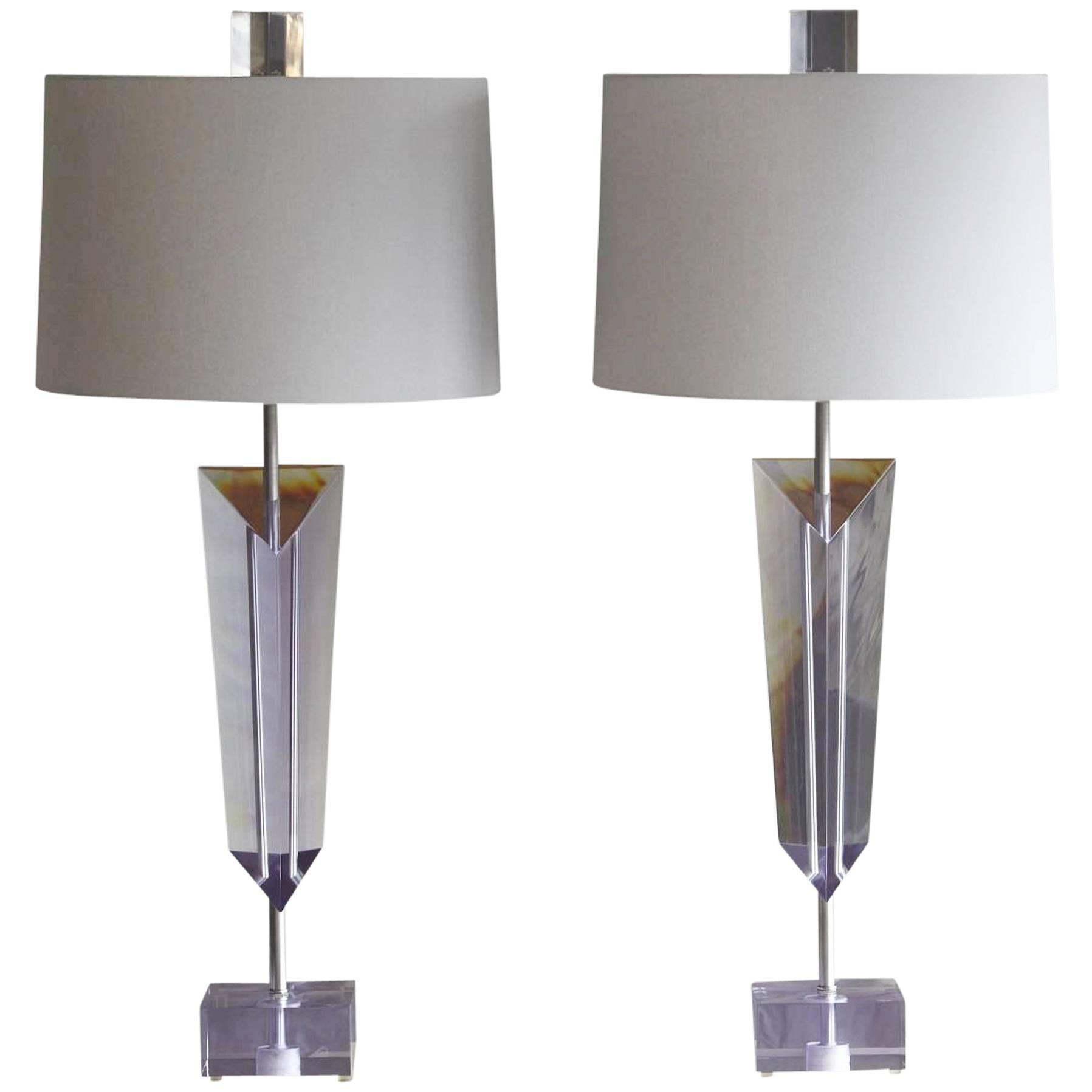Pair of Large Light Purple Lucite Van Teal Lamps with New Linen Shades, Signed