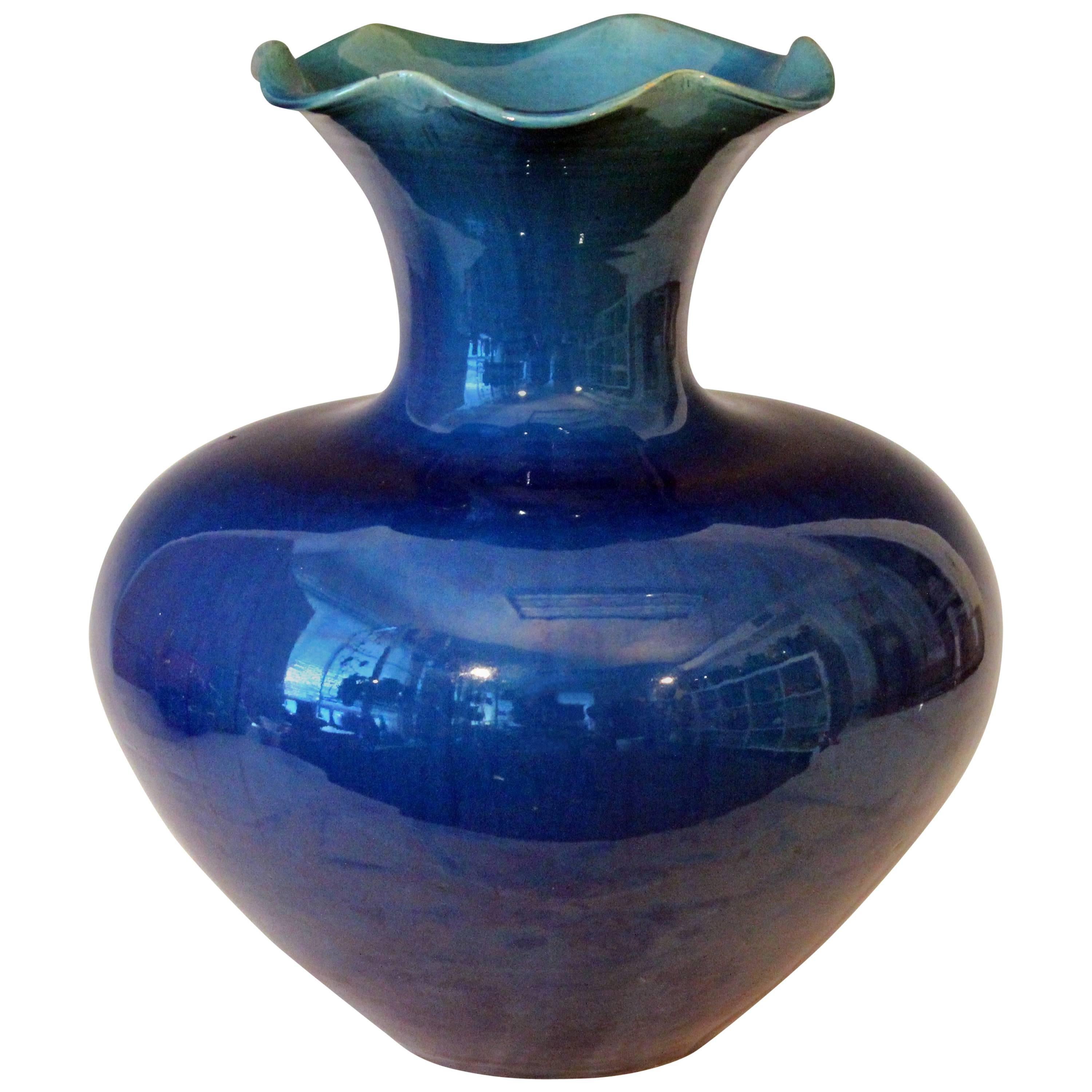 Large Antique Art Nouveau Awaji Pottery Vase with Blue Monochrome Glaze For Sale