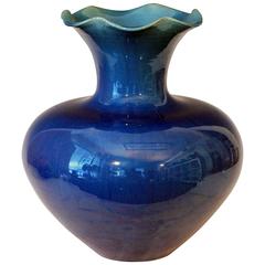 Large Antique Art Nouveau Awaji Pottery Vase with Blue Monochrome Glaze