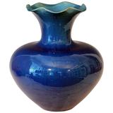 Grand vase ancien en poterie Art Nouveau d'Awaji à glaçure bleue monochrome