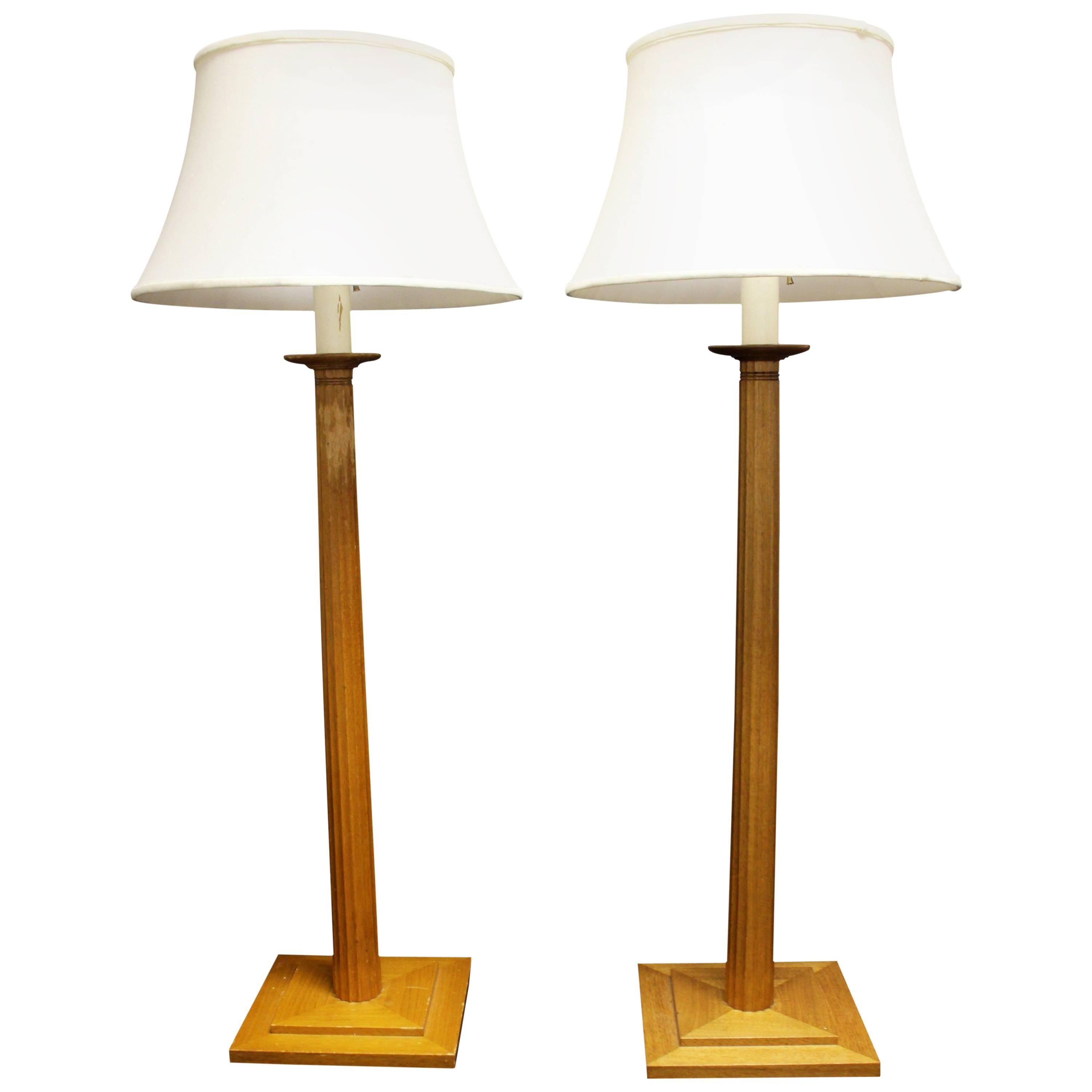 Pair of Robsjohn-Gibbings Walnut Wood and Metal Floor Lamps