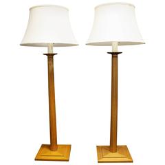 Pair of Robsjohn-Gibbings Walnut Wood and Metal Floor Lamps