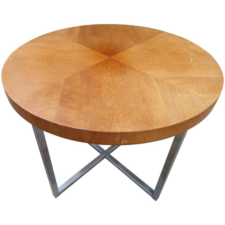 Lovely Milo Baughman Style Round Teak X Chrome Base Side End Table
