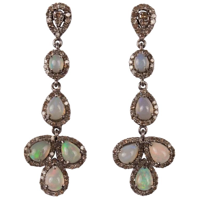 Opal, Diamond and Sterling Silver Dangle Earrings at 1stDibs