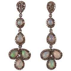 Opal, Diamond and Sterling Silver Dangle Earrings