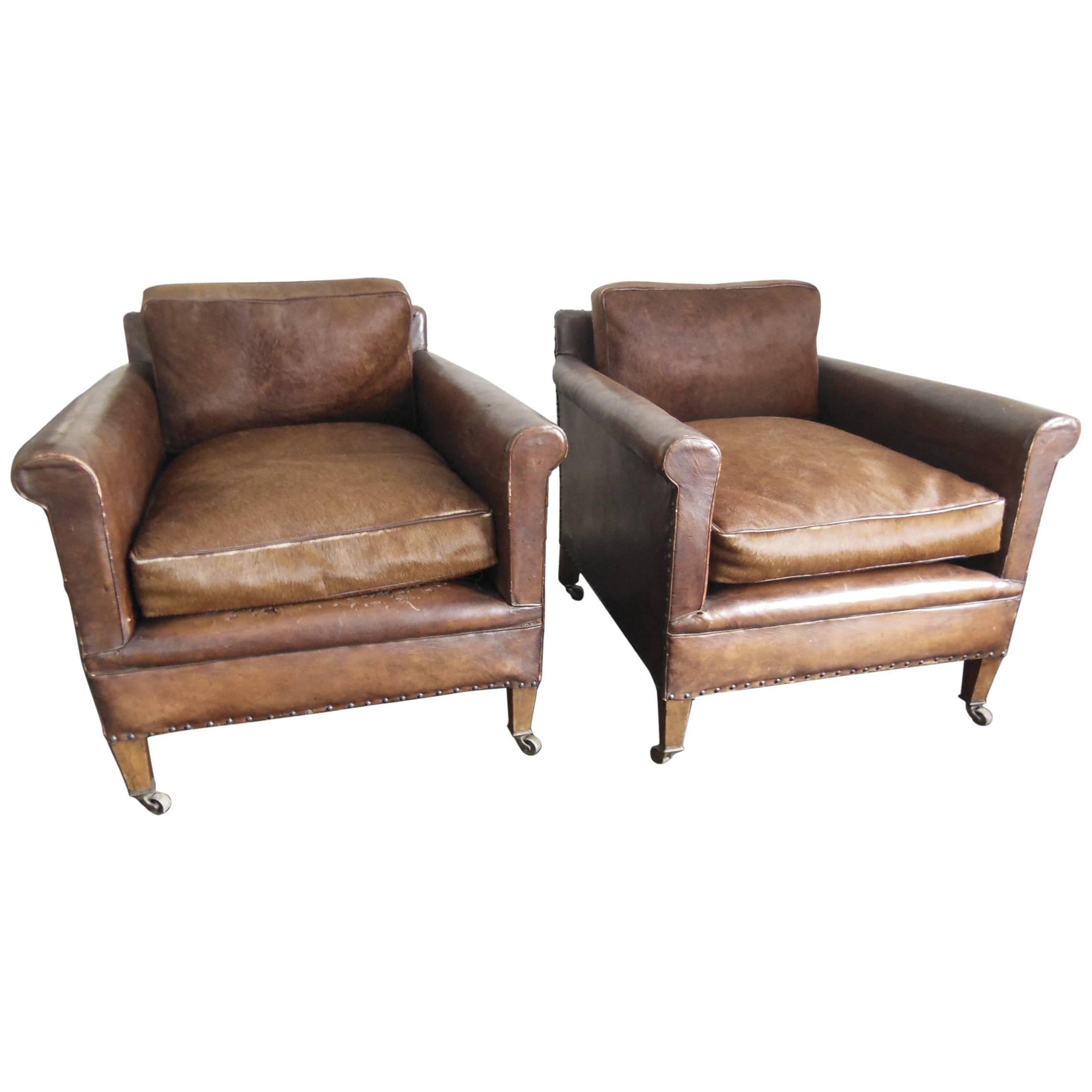 Fabulous Pair of French Vintage Leather Armchairs