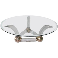 Mid-Century Modern Glass Top Coffee Table on Lucite Base with Brass Detail