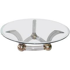 Mid-Century Modern Glass Top Coffee Table on Lucite Base with Brass Detail 12