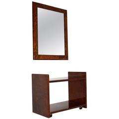 Italian Retro Goat Skin Mirror and Side Table by Aldo Tura Vintage, 1960s