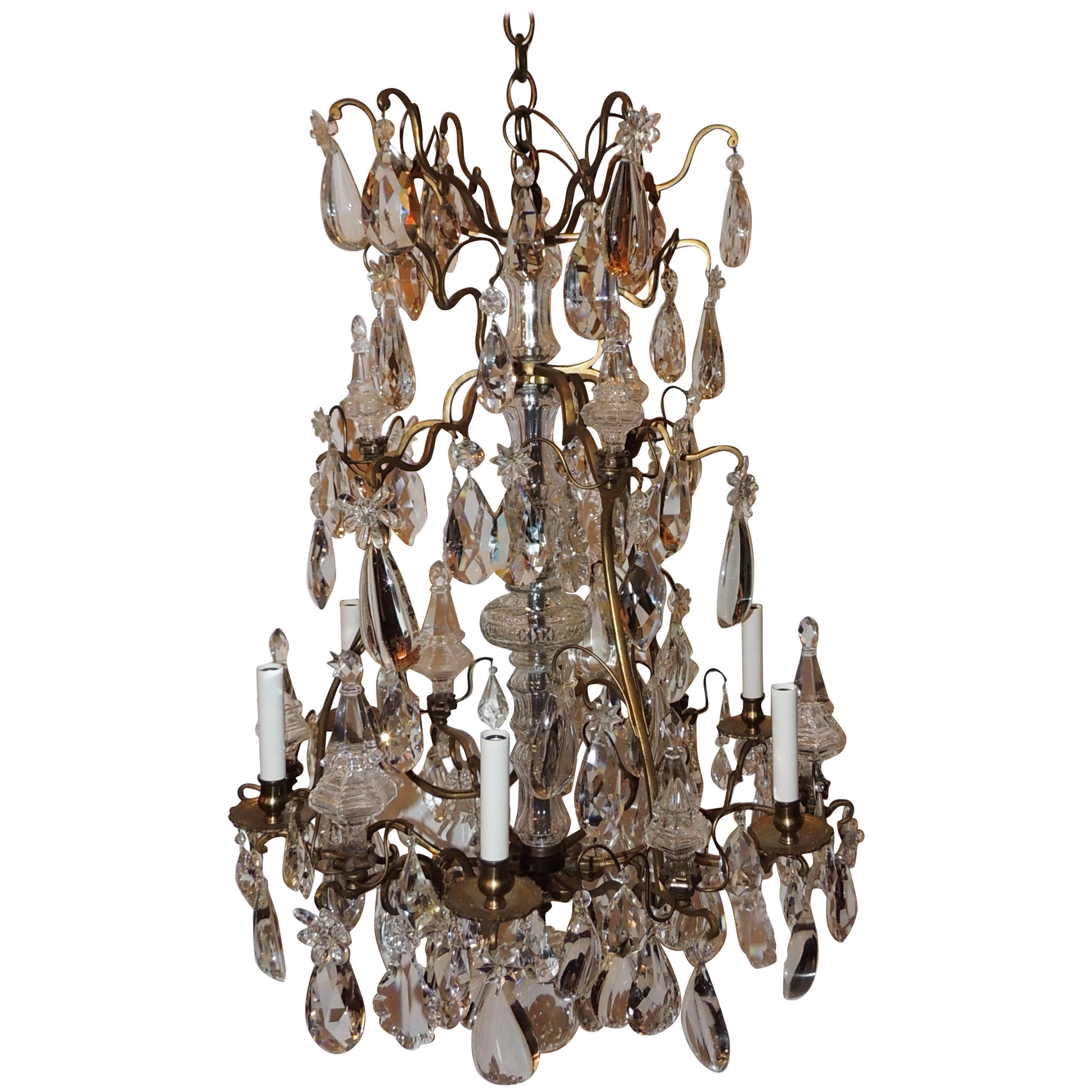 Fine French Dore Bronze Crystal Obilisk Six-Light Baccarat Chandelier Fixture