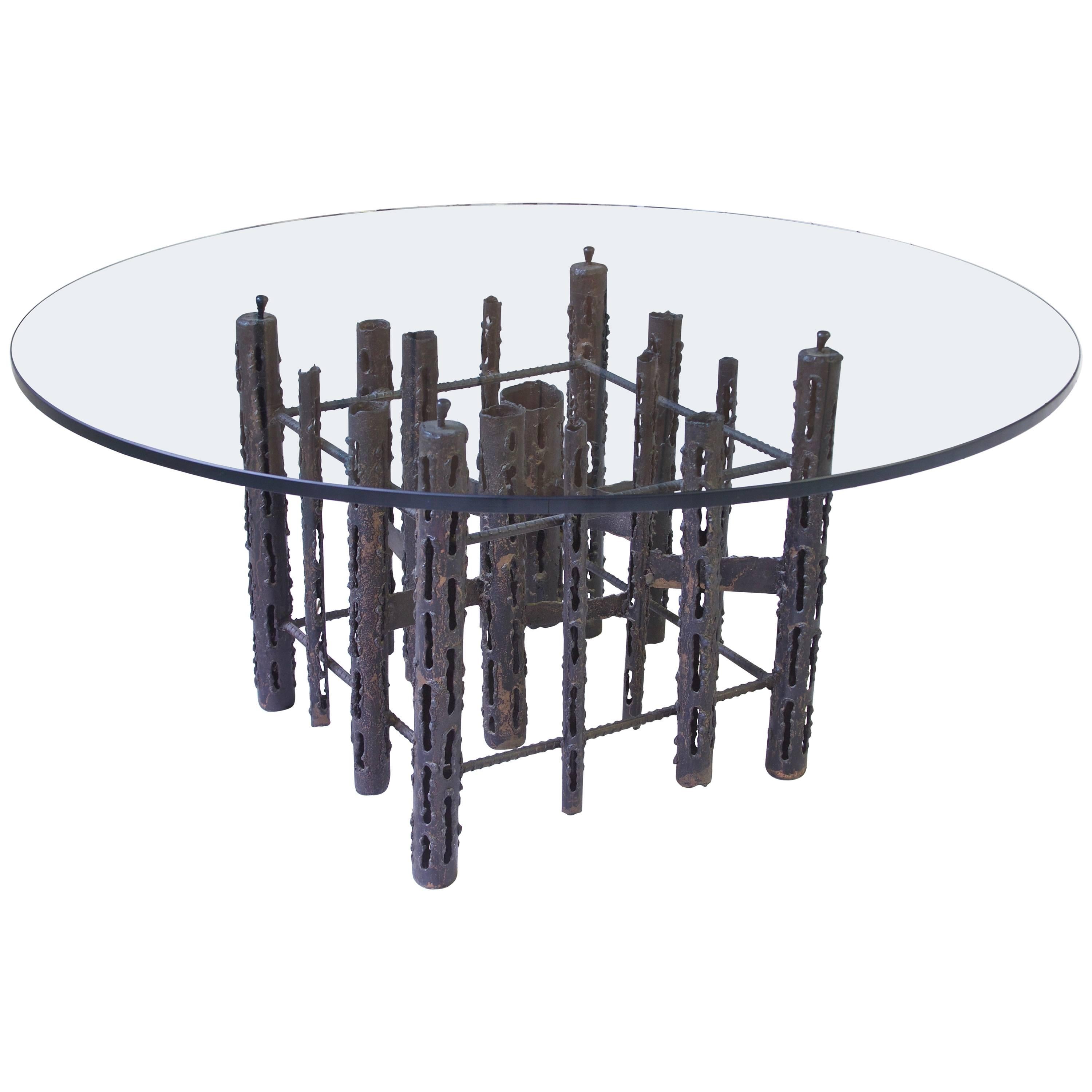 Brutalist Torch-Cut Iron Low Table with Circular Glass Top, 1970s For Sale