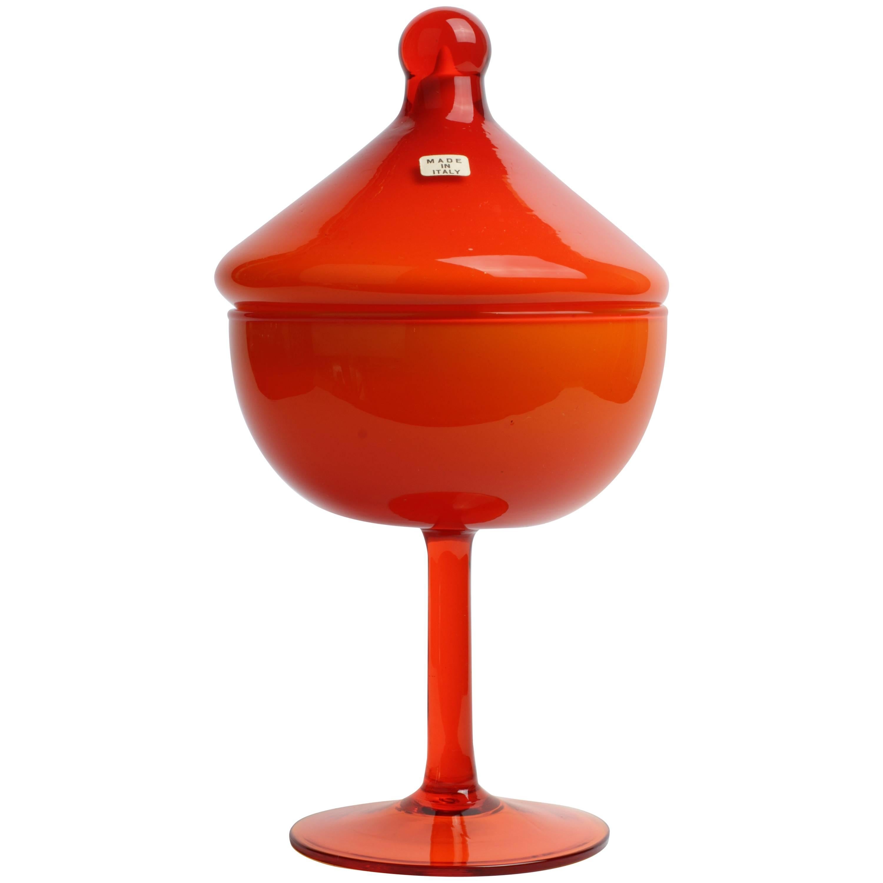 1950s Mid-Century Italian Sweet Jar with Lid in Vibrant Orange over White Glass