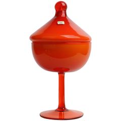 Vintage 1950s Mid-Century Italian Sweet Jar with Lid in Vibrant Orange over White Glass