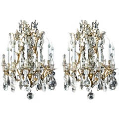 Pair of Fine Antique French Bagues Style Gilt Bronze & Rock Crystal Chandeliers