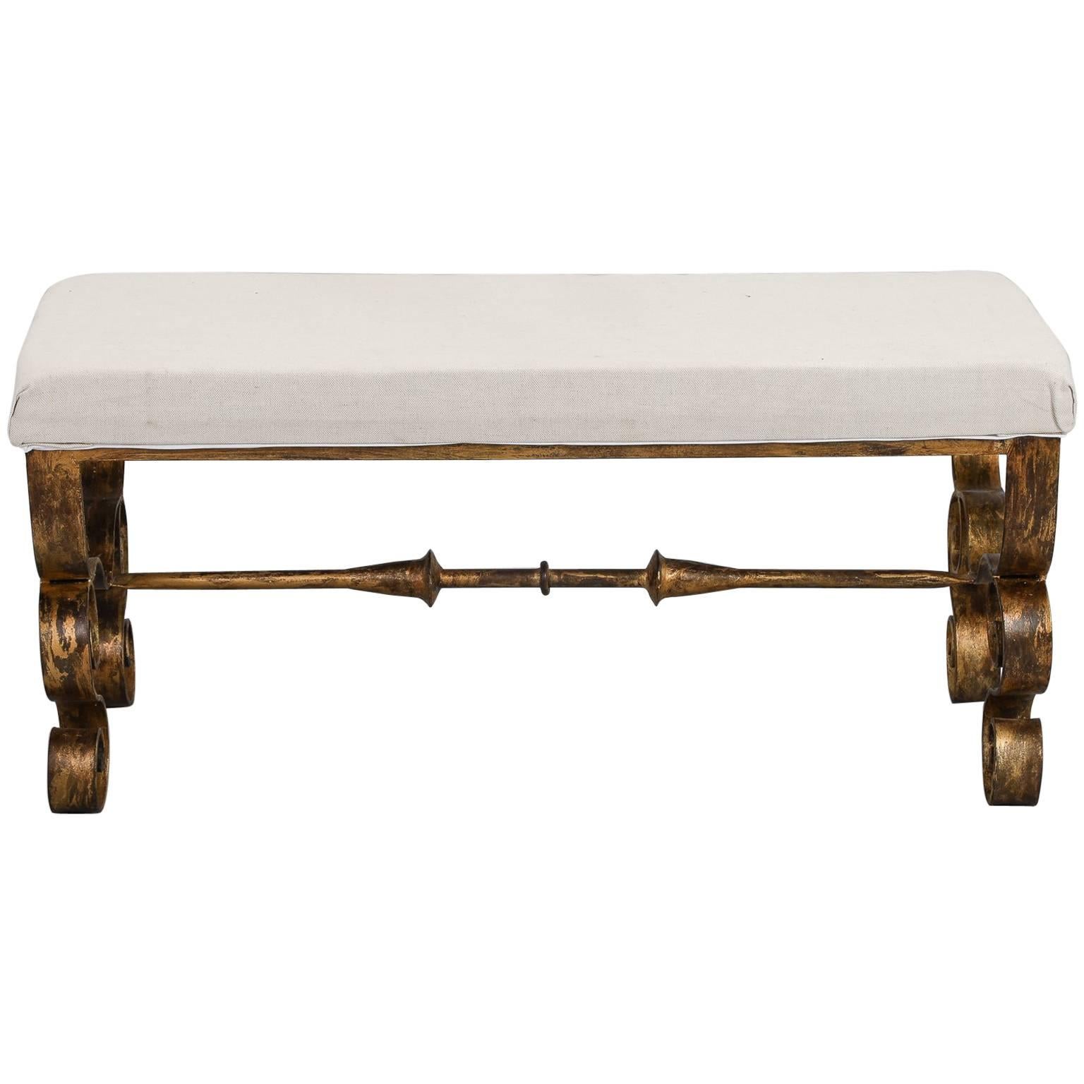Upholstered Bench with Scrolled Gilt Metal Legs