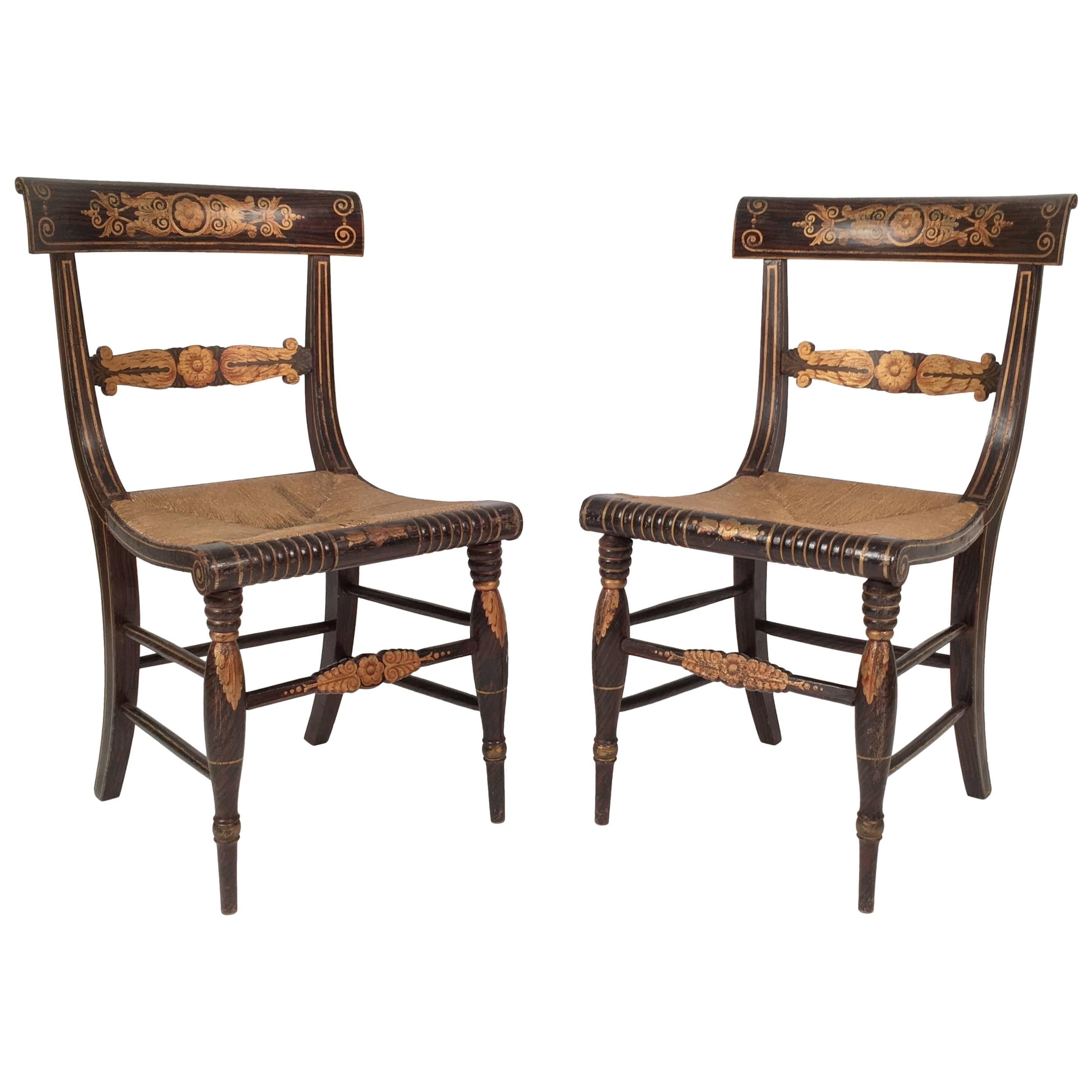 Pair of Neoclassical Fancy Painted Klismos Chairs
