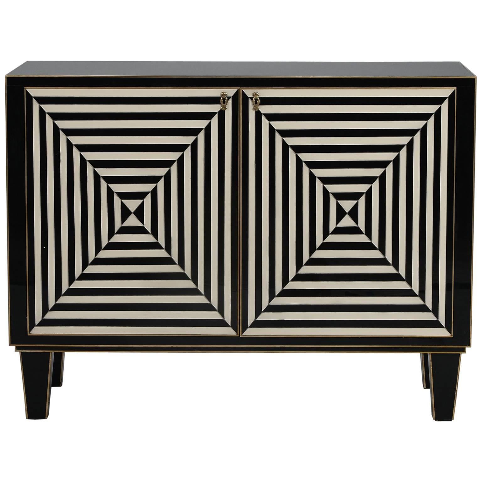 Custom-Made Op Art Black and White Murano Glass Clad Cabinet
