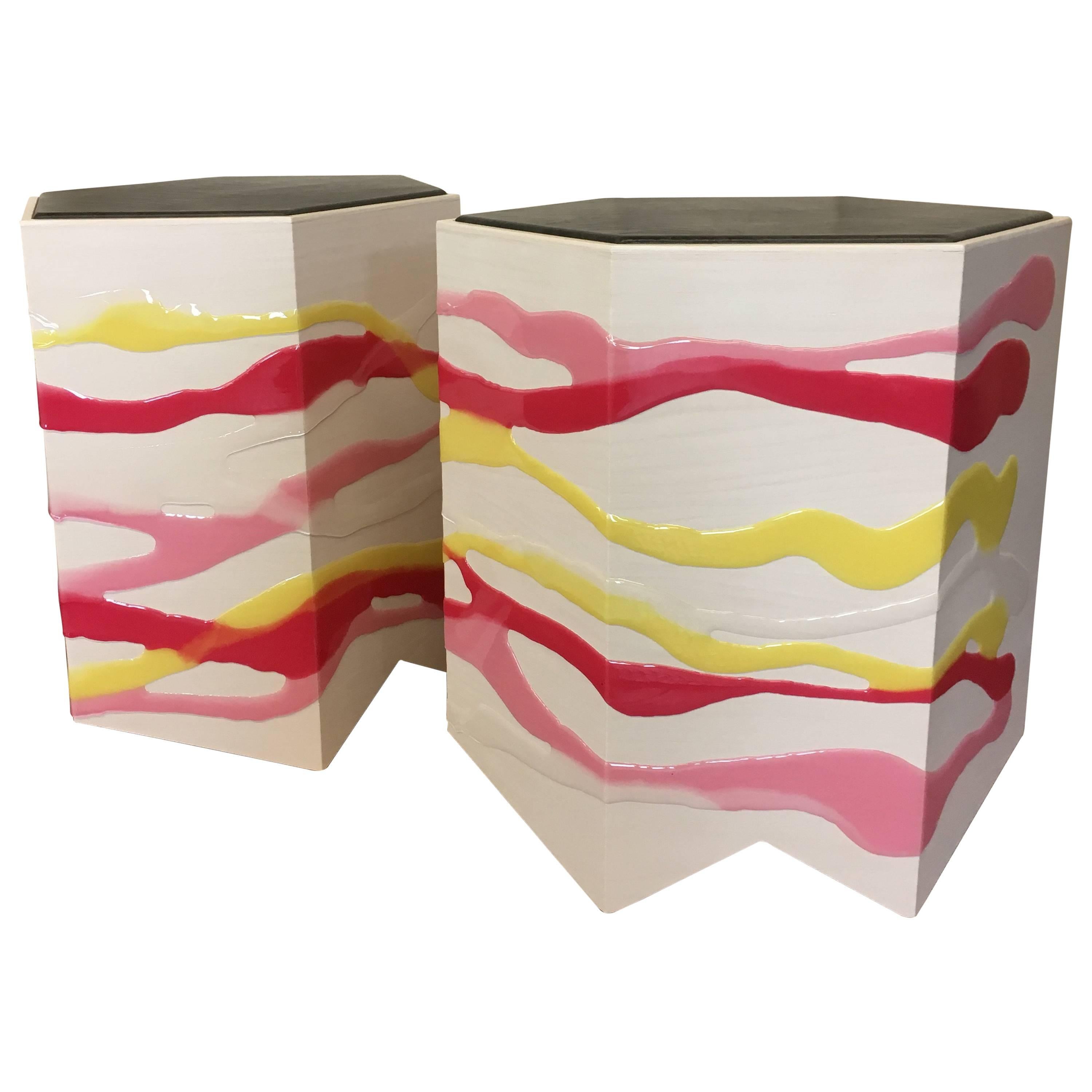 Pair of Custom Drip/Fold Side Tables in Ash, Resin and Leather For Sale