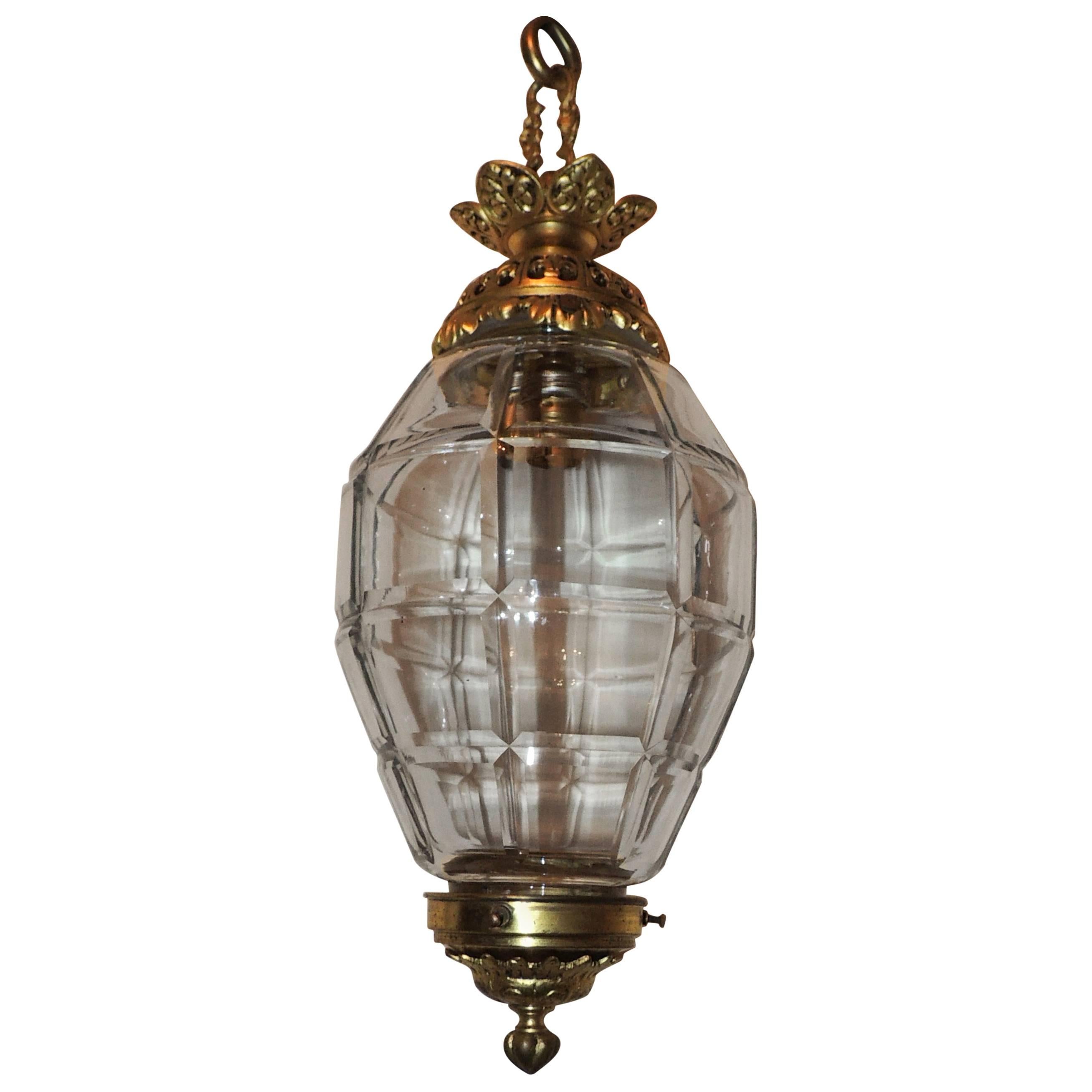 Wonderful Doré Bronze Beveled Glass Filigree Lantern Chandelier Pendent Fixture