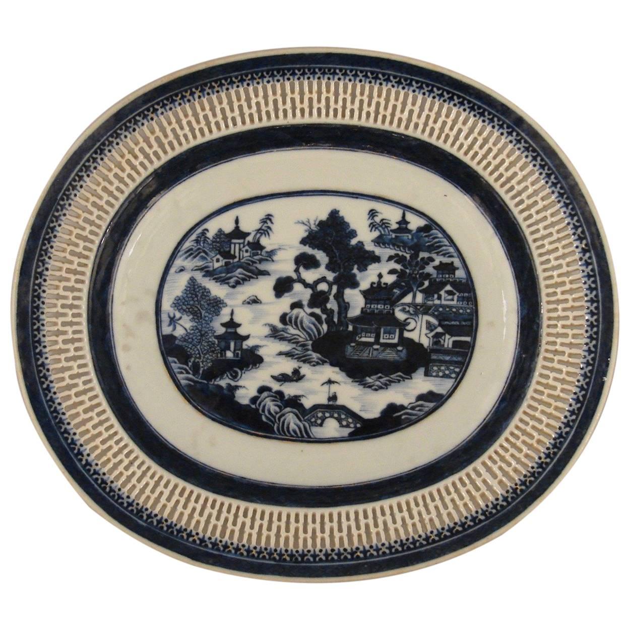 19th Century Canton Oval Platter with a Reticulated Border