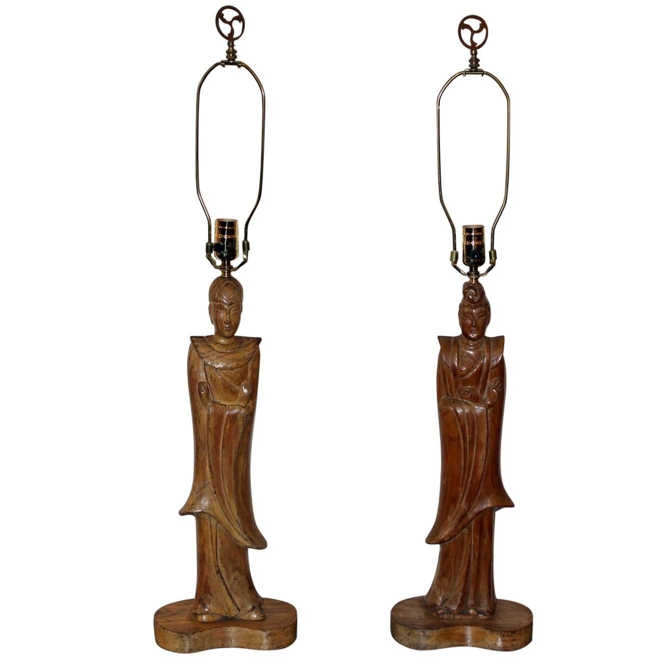 Pair of James Mont Style Oriental Figure Lamps