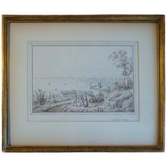 19th Century "Veduta di Nizza, View of Nice" Ink on Paper Drawing, Framed