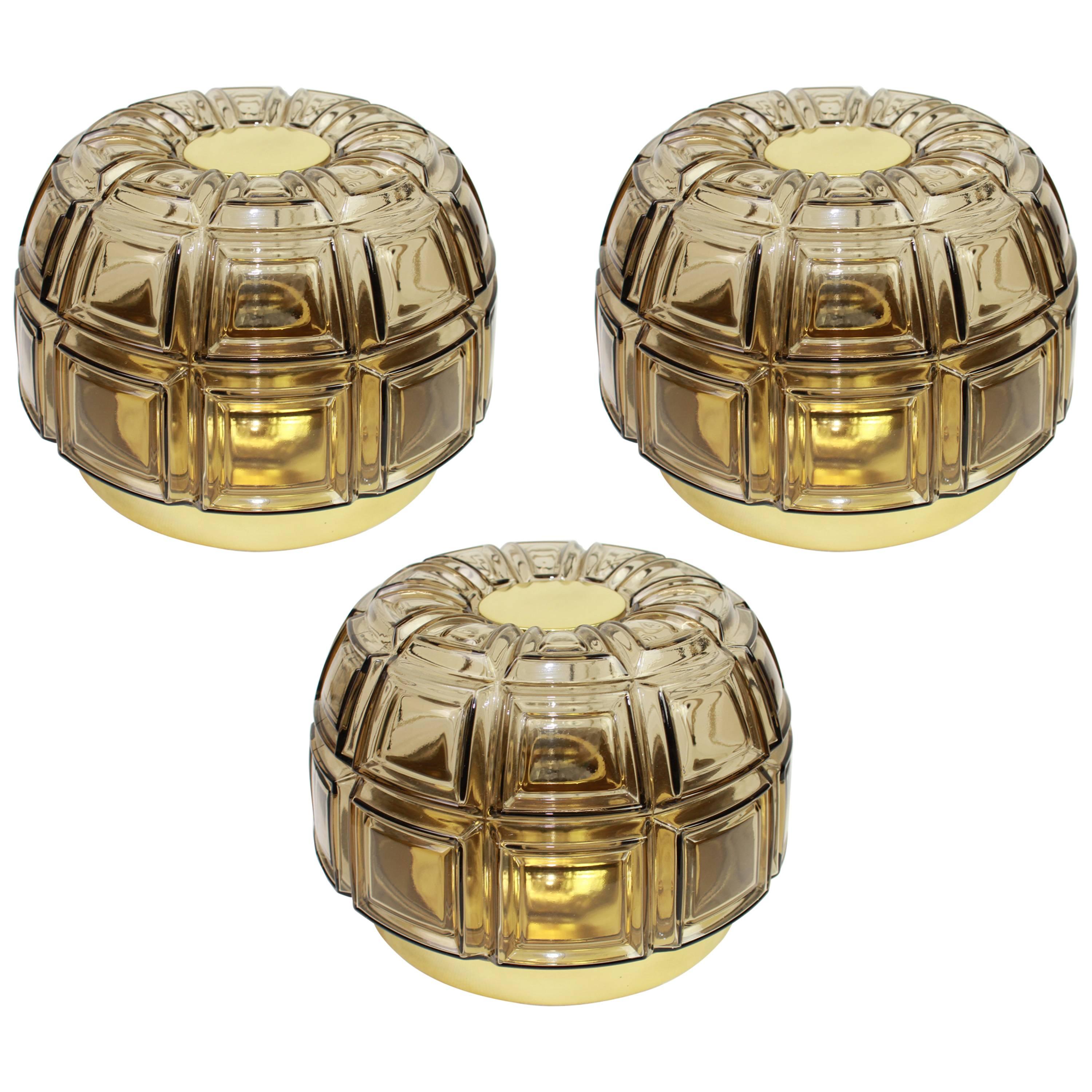 Pair of Brass and Amber Glass Sconces or Flush Mount by Limburg, Germany, 1960s