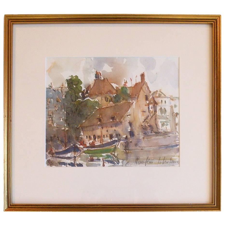Medieval European Fishing Village Watercolor, Framed
