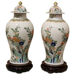 Antique Pair of Chinese Covered Vases with Rosewood Stands, Early 20th Century