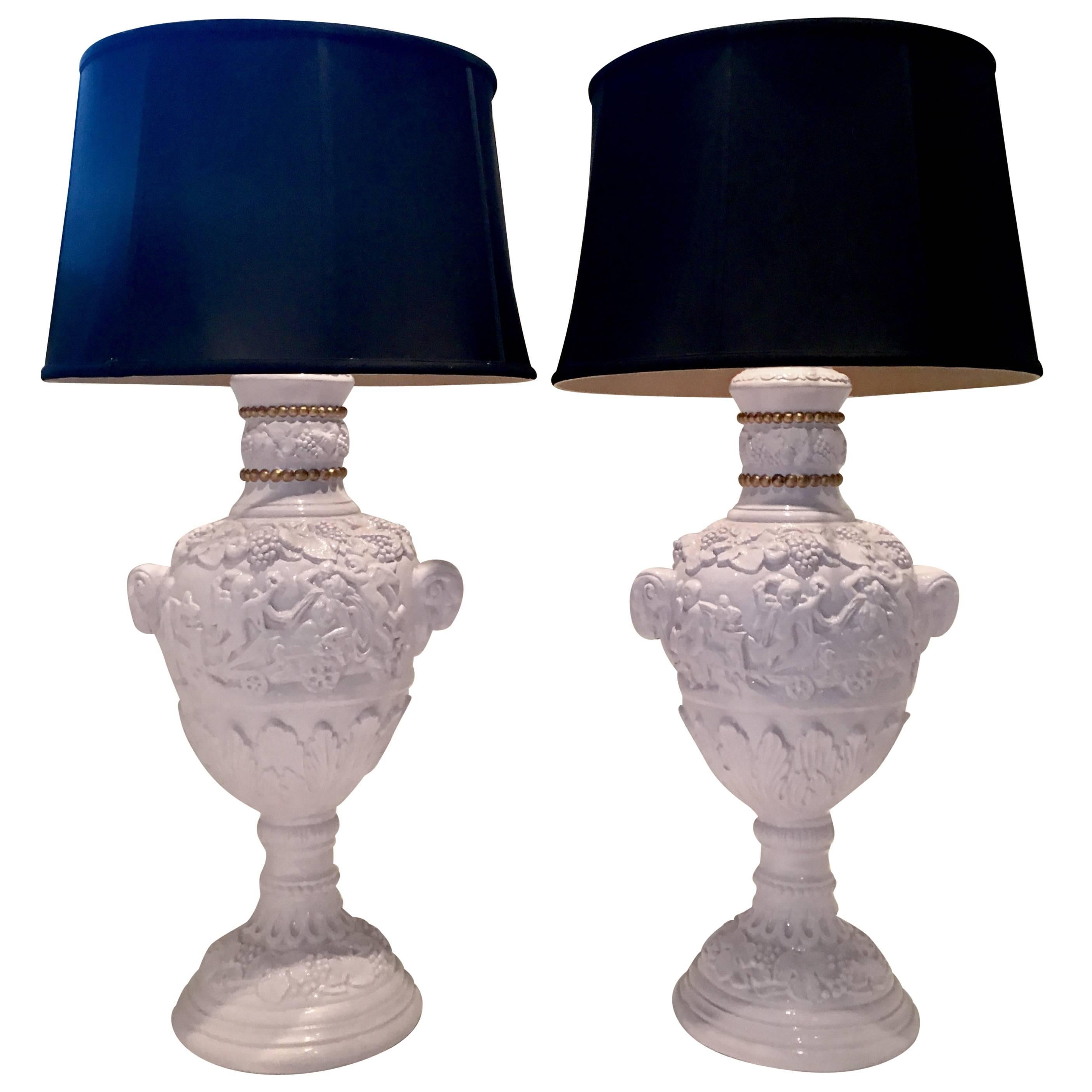 Pair of Neoclassical Lavender Lacquered Cherub and Rams Lamps