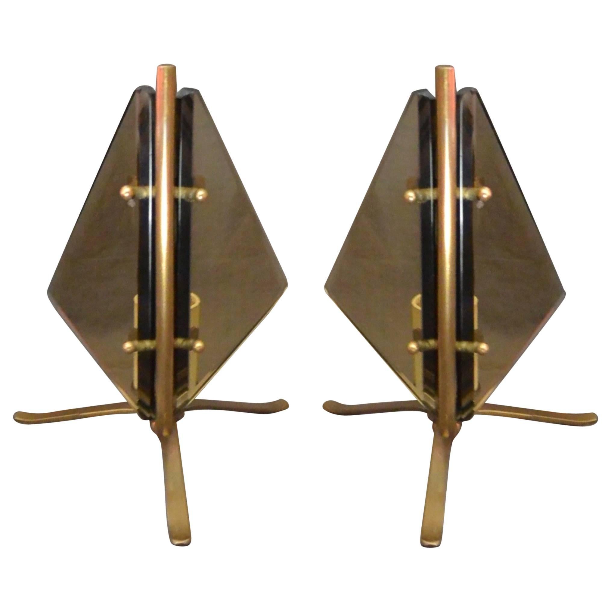 Pair Mid-Century Italian Brass and Glass Table Lamps For Sale