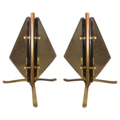 Pair Italian Modernist Glass and Brass Table Lamps