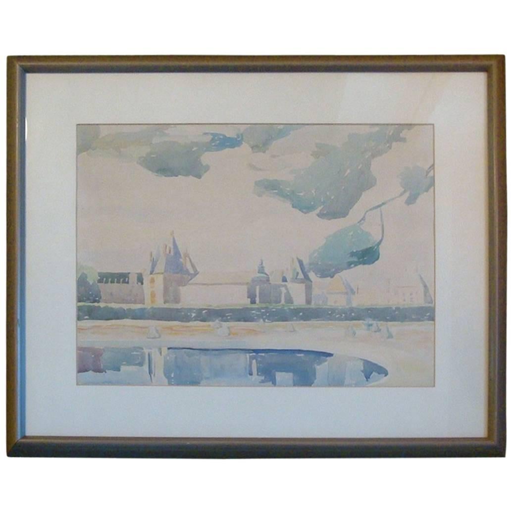 1950s Midcentury French Chateau Landscape Painting, Framed