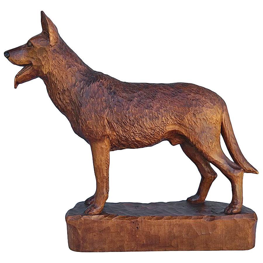 Antiuqe Hand-Carved Wooden German Shepherd Dog Finely Carved 1900