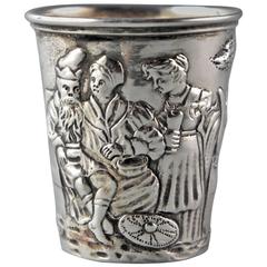 Fine Old Antique Silver Schnapps Drinking Cup Carved Revelers, 19th Century