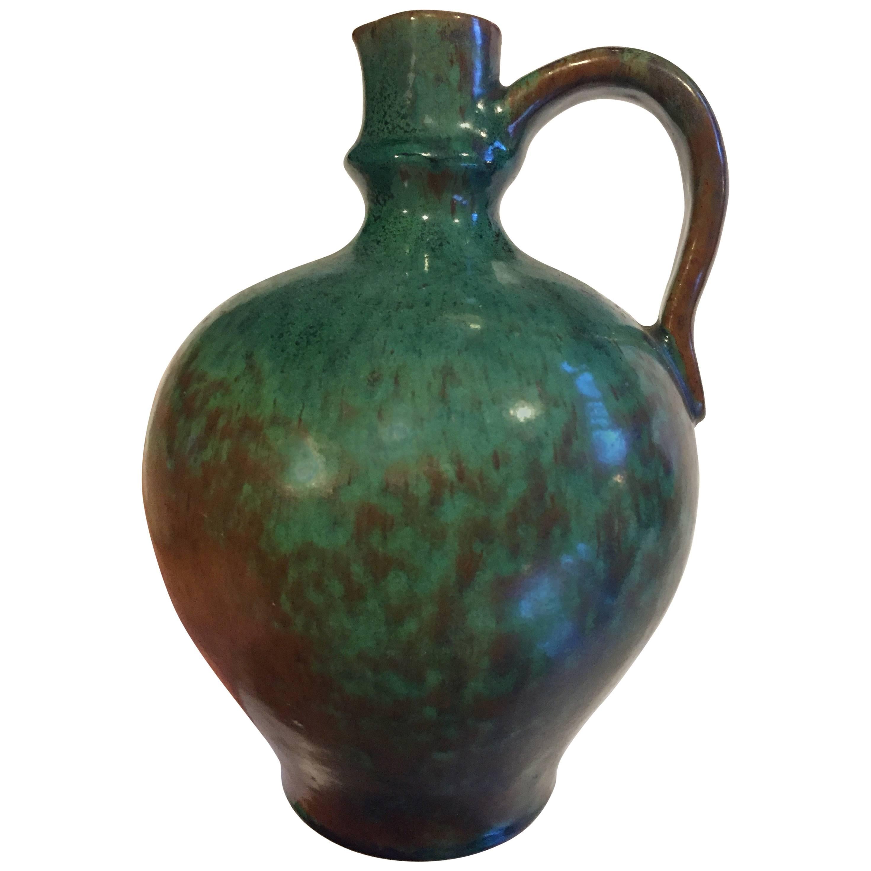 Early Contemporary HandMade Hand Glazed, 1930s Pitcher Vase Brilliant Blue Green