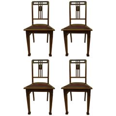 Four French Early Modern Dining Chairs with Inlaid Brass Grid Back 1