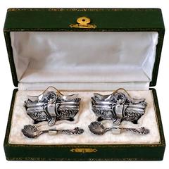 Boivin French Sterling Silver 18-Karat Gold Salt Cellars Pair, Spoons, Box